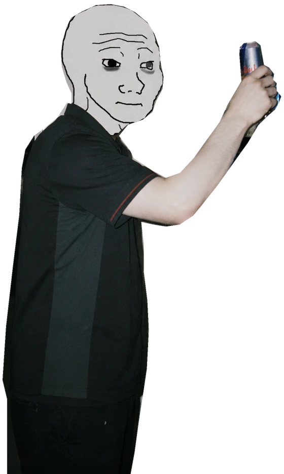 The original bald, hollow-eyed Wojack clerk in a dark work shirt, holding an energy drink halfway to the shelf.