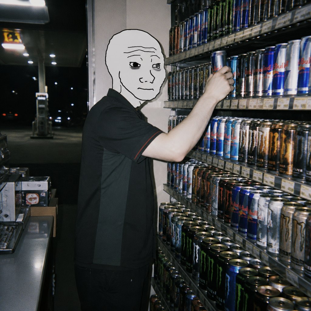 Exact original artwork #891: the Wojak-faced clerk raises an energy drink against floor-to-ceiling cans in a dark gas station.